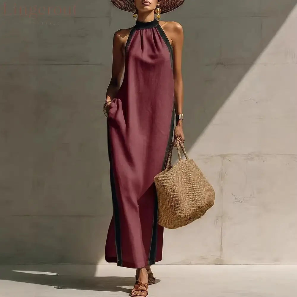 Halter Neck Contrast Trim Maxi Dress - Claret / S