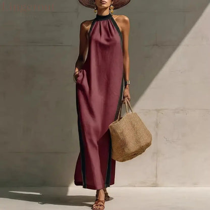 Halter Neck Contrast Trim Maxi Dress - Claret / S