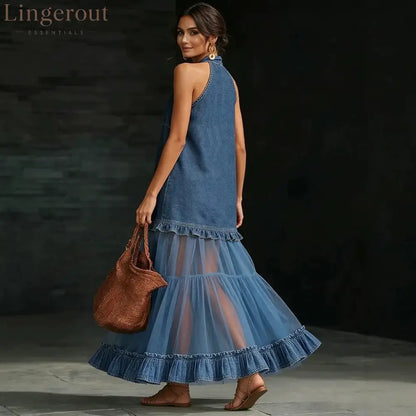Halter Neck Denim & Tulle Tiered Maxi Dress