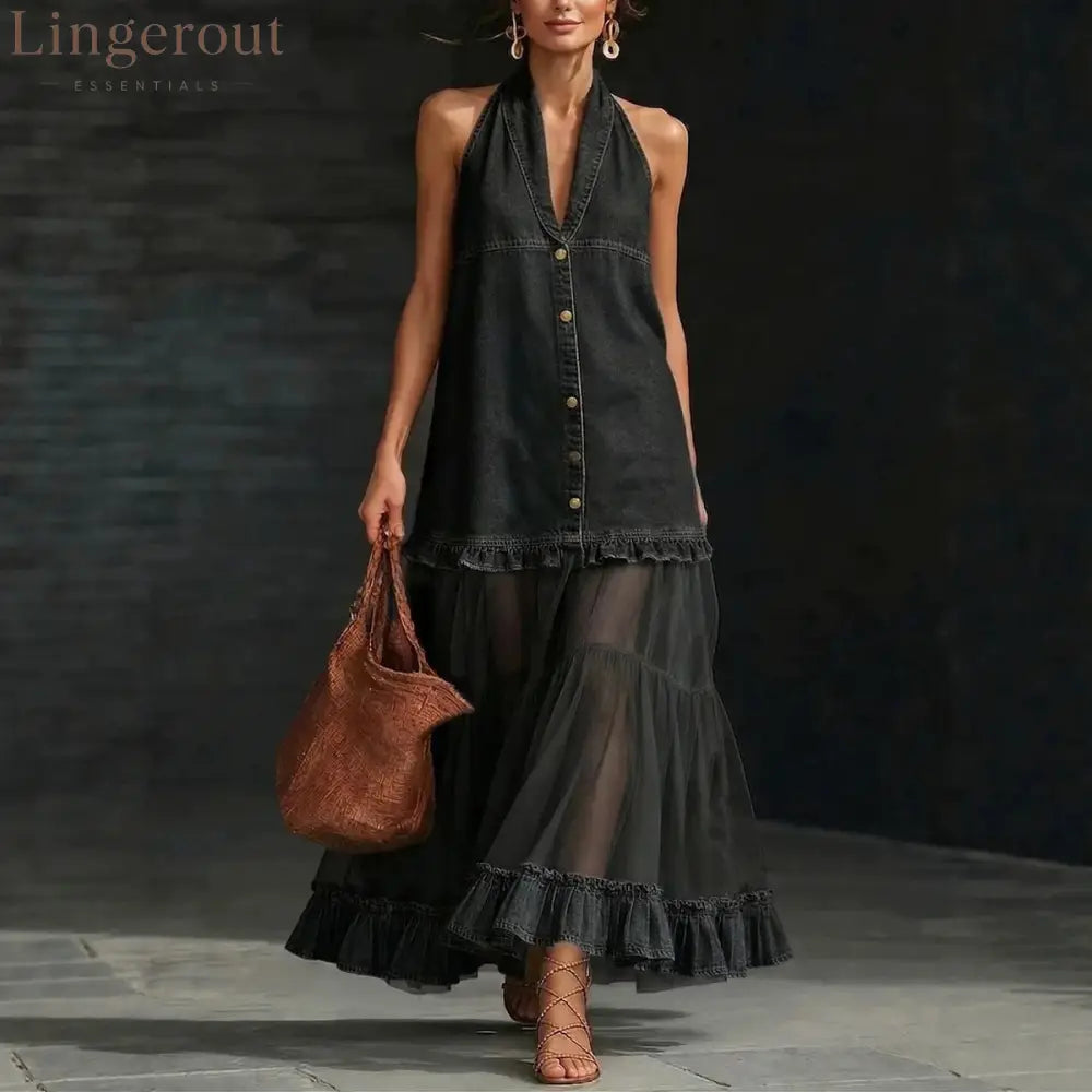 Halter Neck Denim & Tulle Tiered Maxi Dress