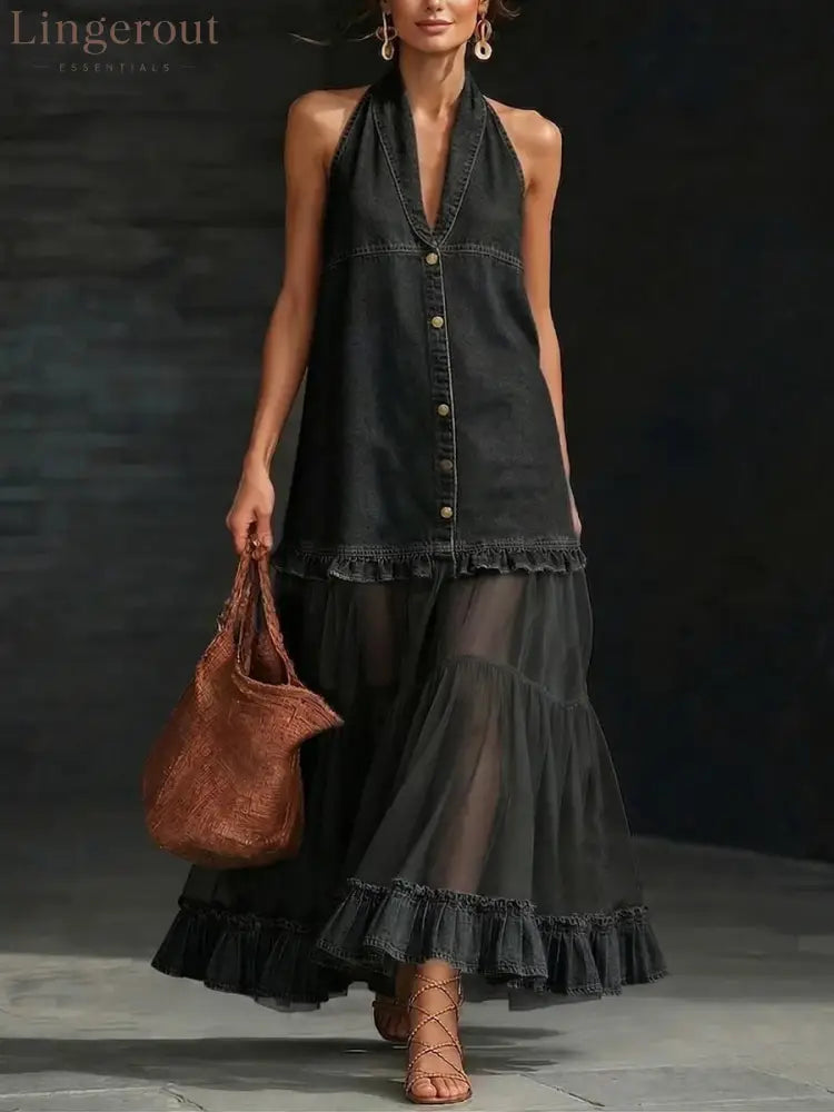Halter Neck Denim & Tulle Tiered Maxi Dress - Black / S