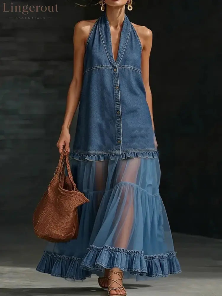 Halter Neck Denim & Tulle Tiered Maxi Dress - Dark blue / S