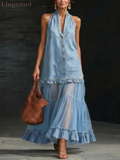 Halter Neck Denim & Tulle Tiered Maxi Dress - Light blue / S