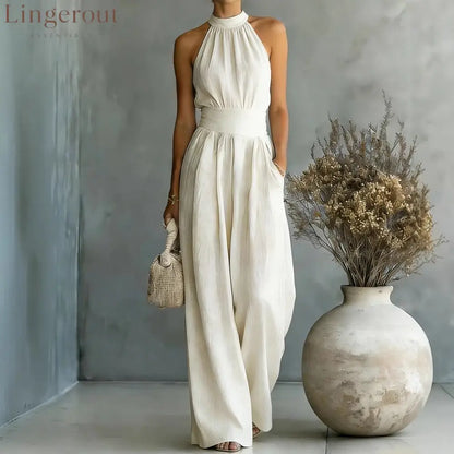 Halter Neck Linen-Blend Wide Leg Jumpsuit