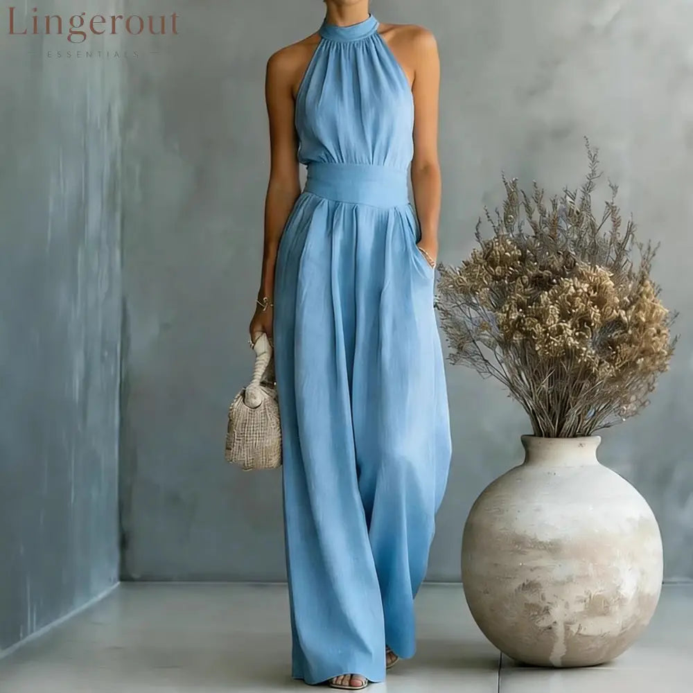 Halter Neck Linen-Blend Wide Leg Jumpsuit