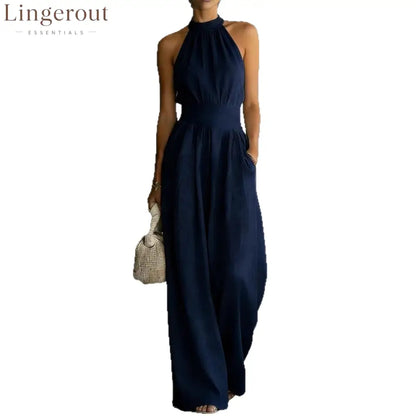 Halter Neck Linen-Blend Wide Leg Jumpsuit