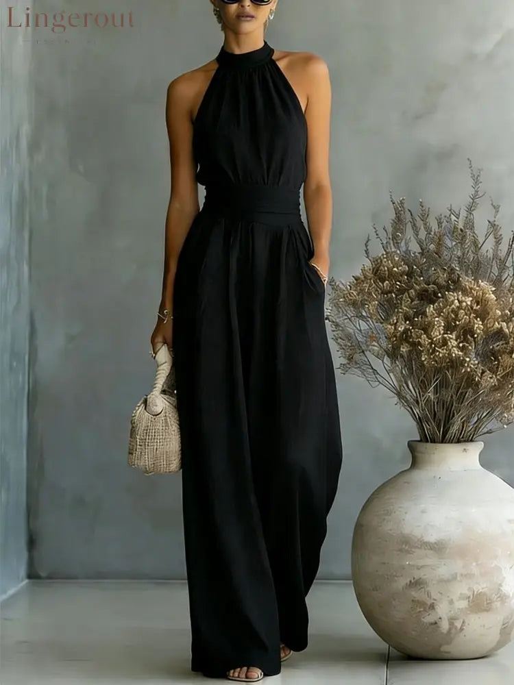 Halter Neck Linen-Blend Wide Leg Jumpsuit - Black / S