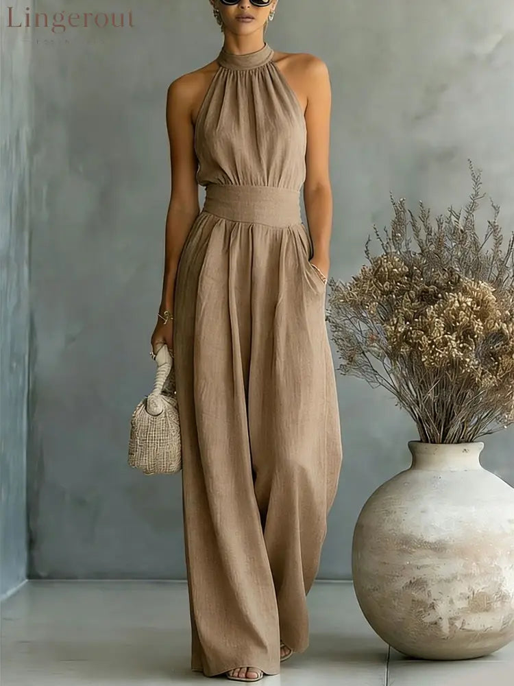 Halter Neck Linen-Blend Wide Leg Jumpsuit - Brown / S