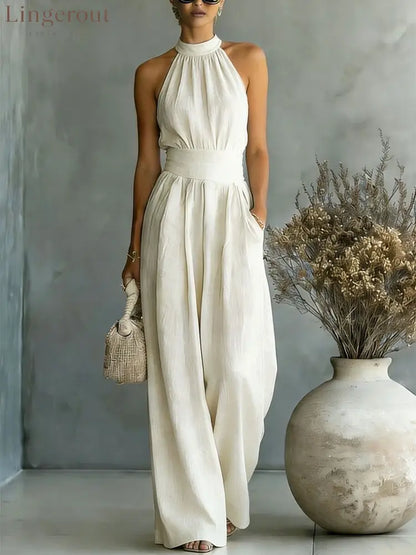 Halter Neck Linen-Blend Wide Leg Jumpsuit - Off white / S