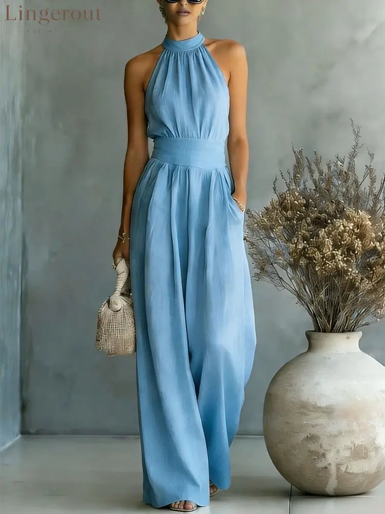 Halter Neck Linen-Blend Wide Leg Jumpsuit - Sky blue / S