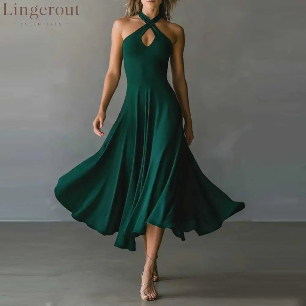 🌟 Halter Neck Sleeveless Midi Dress - Green / S