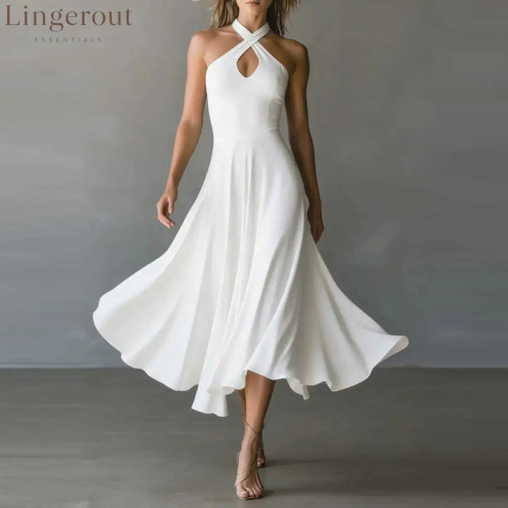 🌟 Halter Neck Sleeveless Midi Dress - White / S