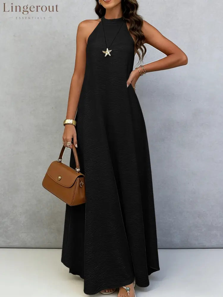 Halter Neck Tie-Back Maxi Dress - Black / S