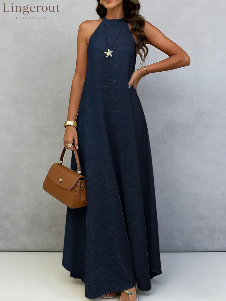Halter Neck Tie-Back Maxi Dress - Navy blue / S