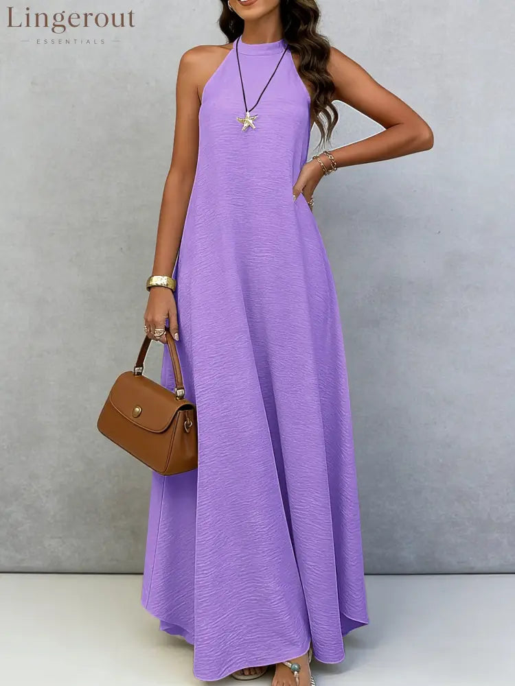 Halter Neck Tie-Back Maxi Dress - Purple / S