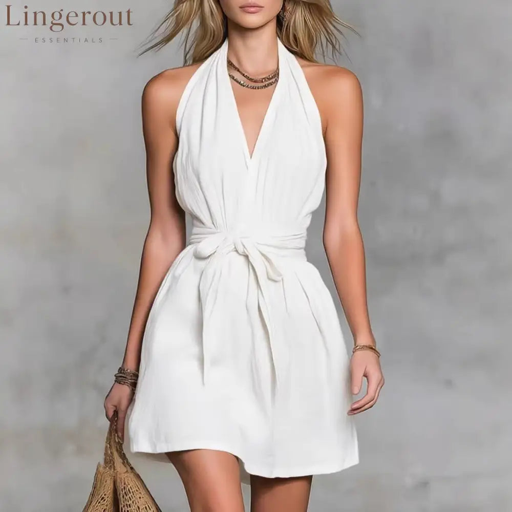 Halter Neck V-Neck Waist Tie Casual Holiday Women’S Dress