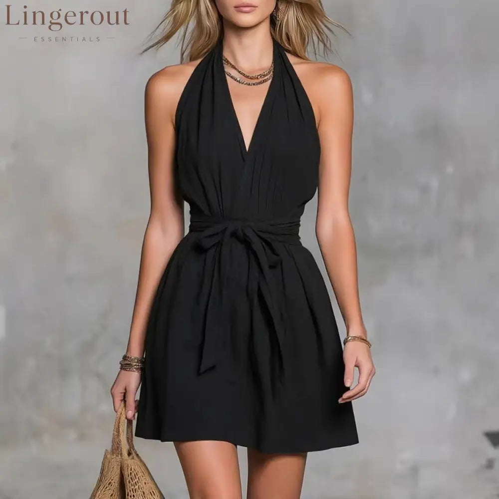 Halter Neck V-Neck Waist Tie Casual Holiday Women’S Dress