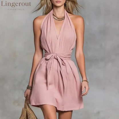 Halter Neck V-Neck Waist Tie Casual Holiday Women’S Dress
