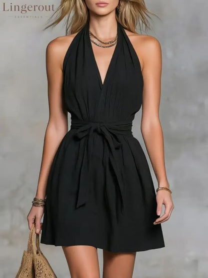 Halter Neck V-Neck Waist Tie Casual Holiday Women’S Dress - Black / XS