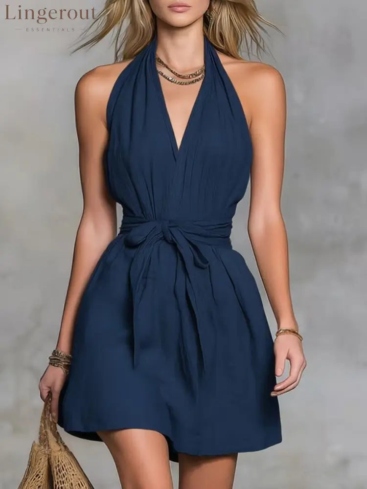 Halter Neck V-Neck Waist Tie Casual Holiday Women’S Dress - Navy blue / XS