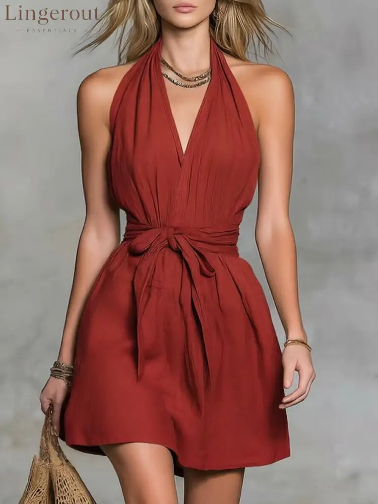 Halter Neck V-Neck Waist Tie Casual Holiday Women’S Dress - Red / XS