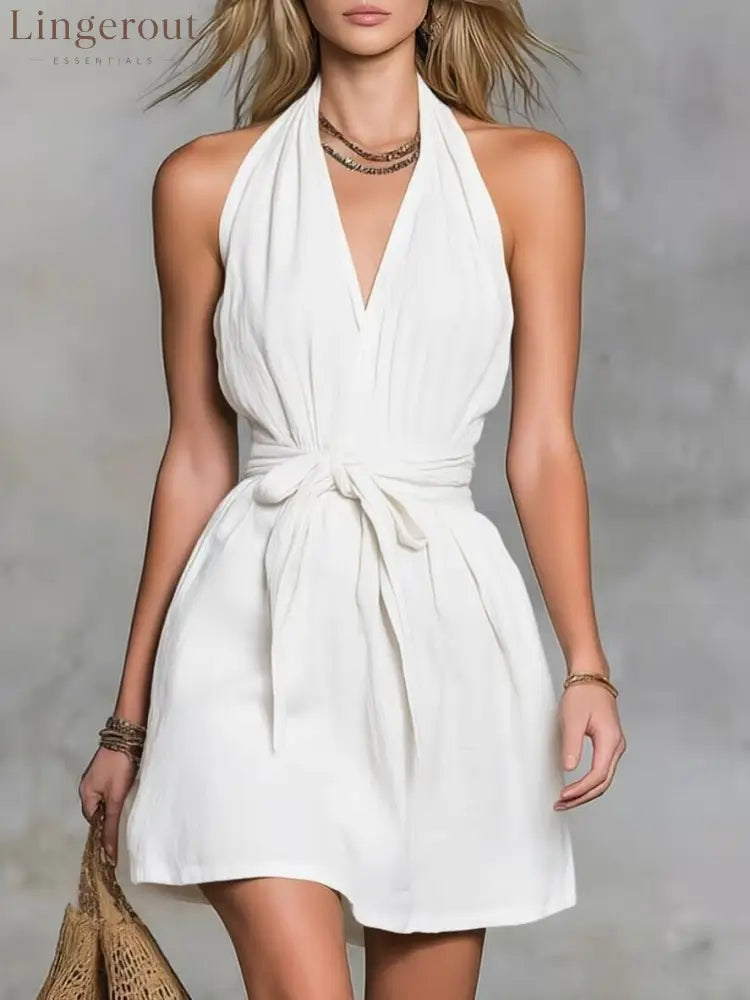 Halter Neck V-Neck Waist Tie Casual Holiday Women’S Dress - White / XS