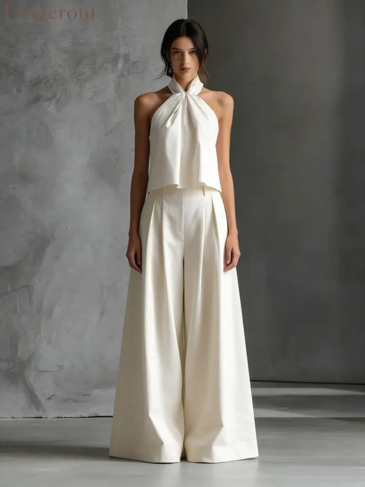 Halter Neck Wide-Leg Two-Piece Formal Set - Off white / S