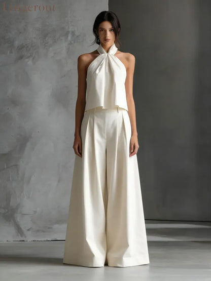 Halter Neck Wide-Leg Two-Piece Formal Set - Off white / S