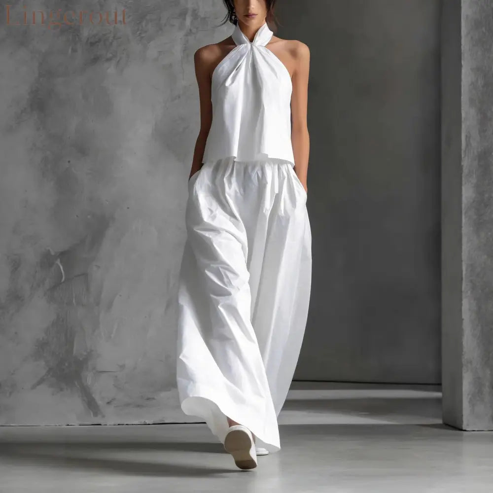 Halter Neck Wide-Leg Two-Piece Formal Set - White / S