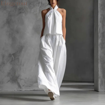 Halter Neck Wide-Leg Two-Piece Formal Set - White / S