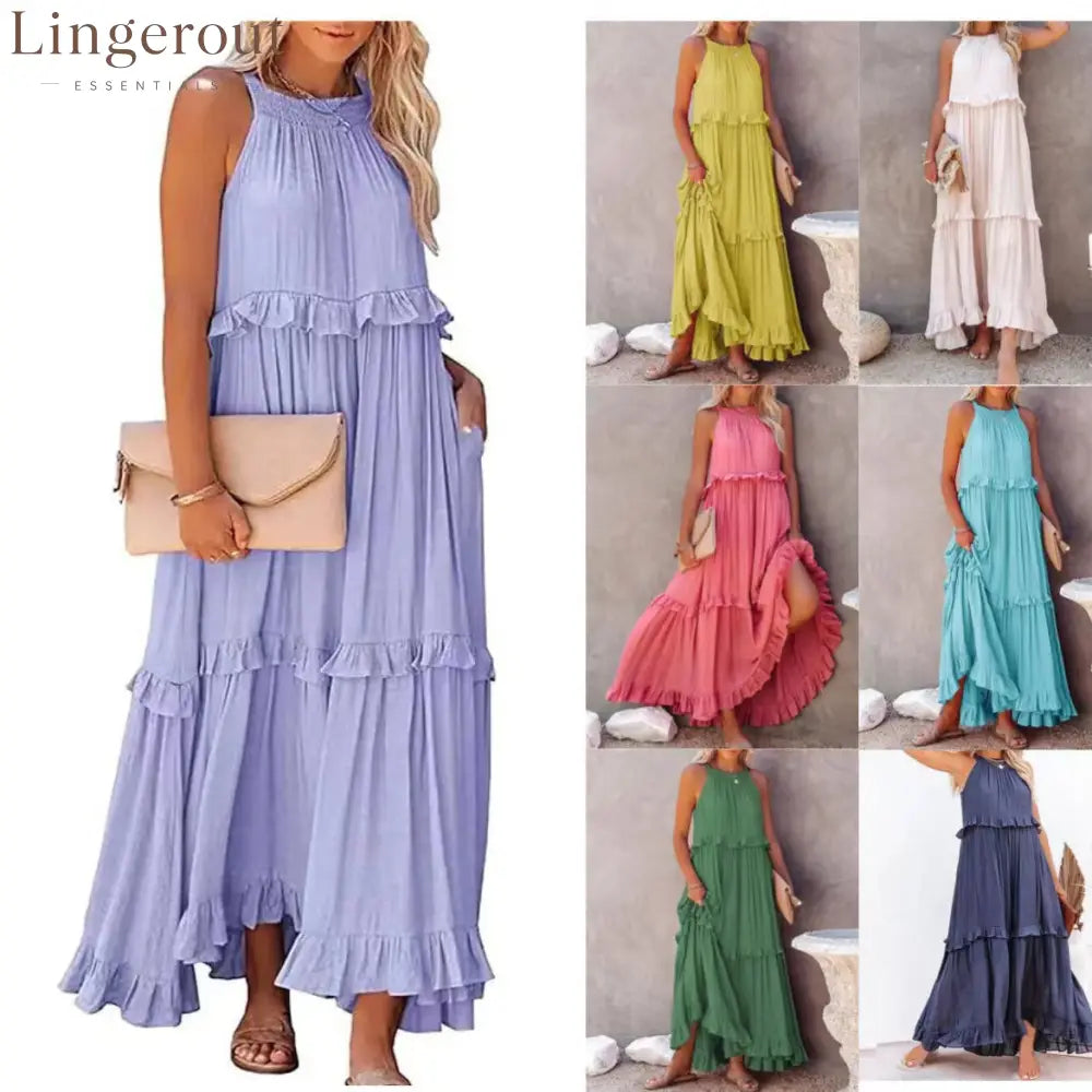 Halter Ruffle Tiered Flowy Maxi Dress