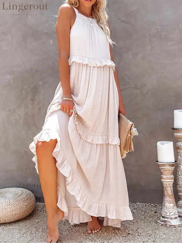 Halter Ruffle Tiered Flowy Maxi Dress - Apricot / S