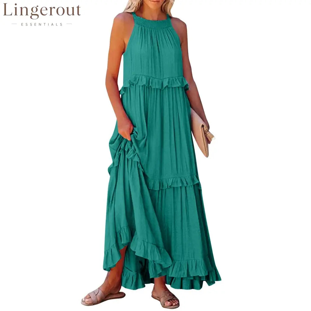Halter Ruffle Tiered Flowy Maxi Dress - Army green / S