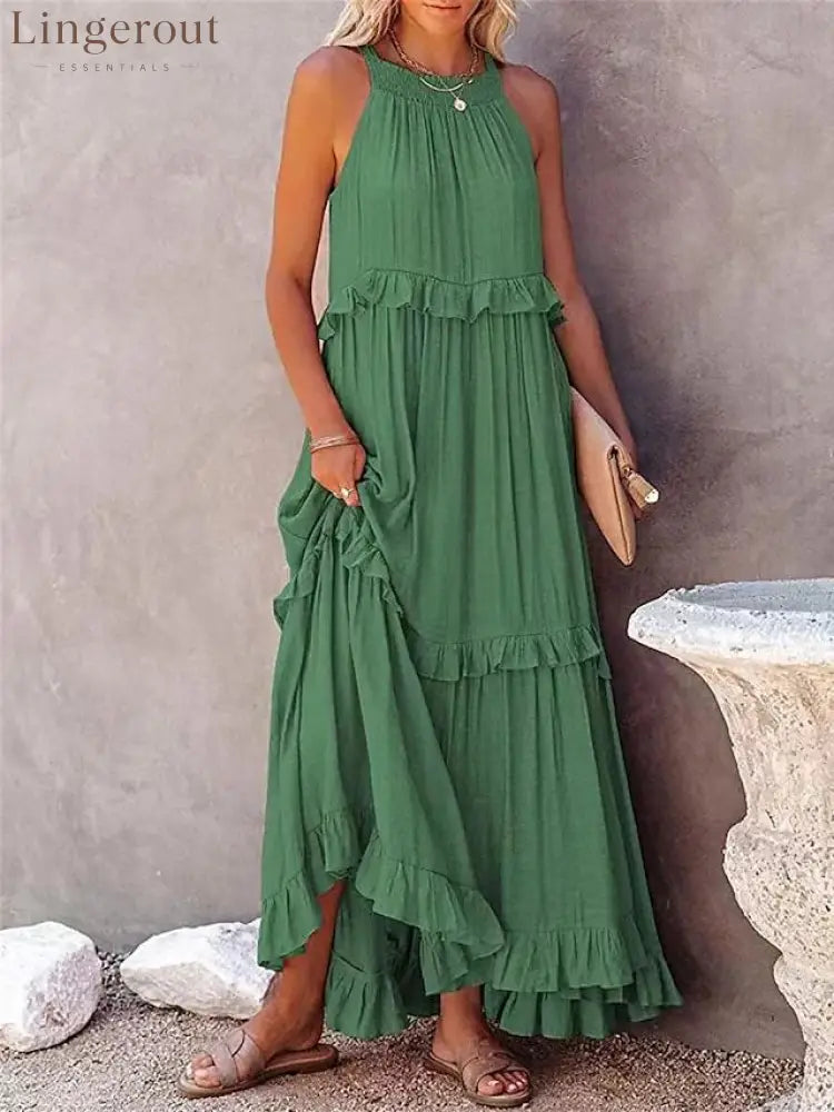 Halter Ruffle Tiered Flowy Maxi Dress - Green / S