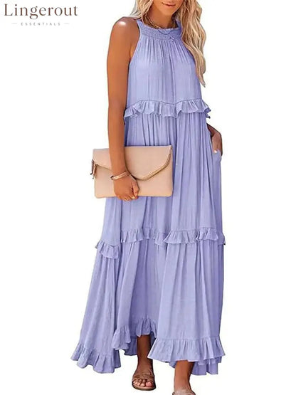 Halter Ruffle Tiered Flowy Maxi Dress - Light purple / S