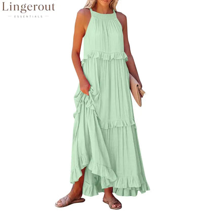 Halter Ruffle Tiered Flowy Maxi Dress - Mint green / S