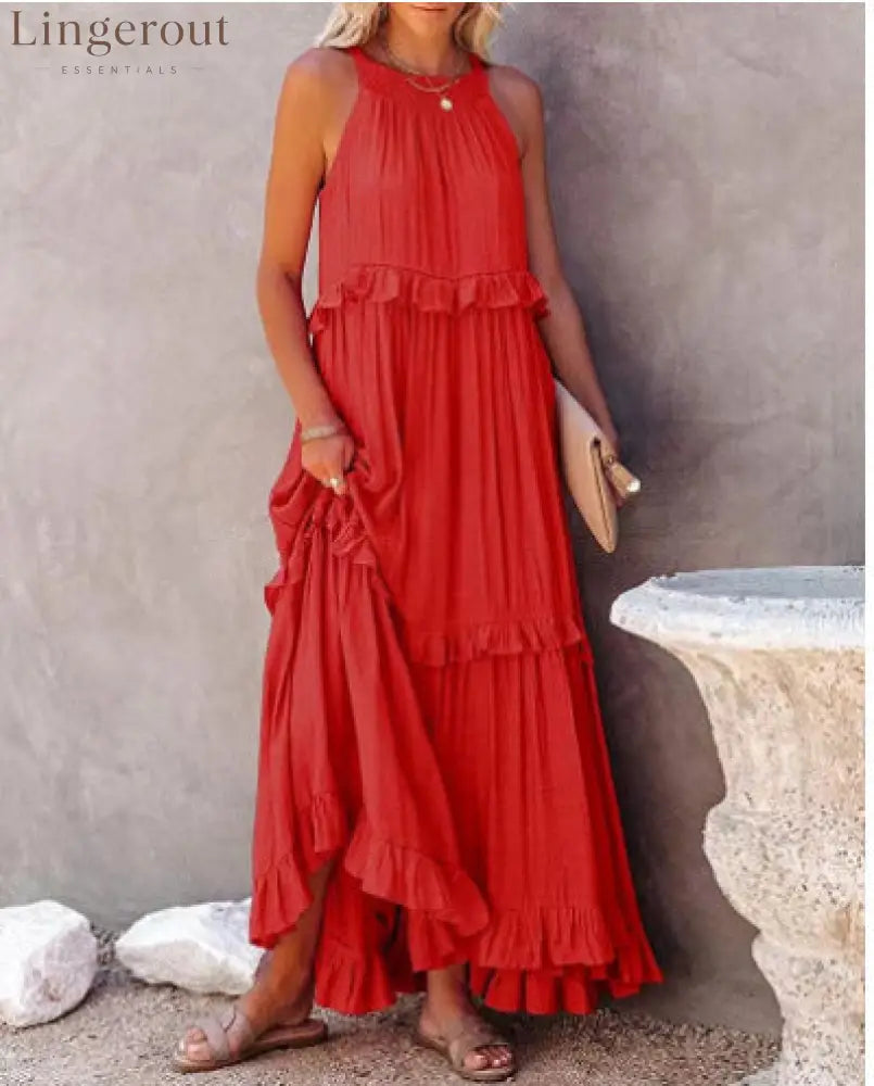 Halter Ruffle Tiered Flowy Maxi Dress - Orange red / S
