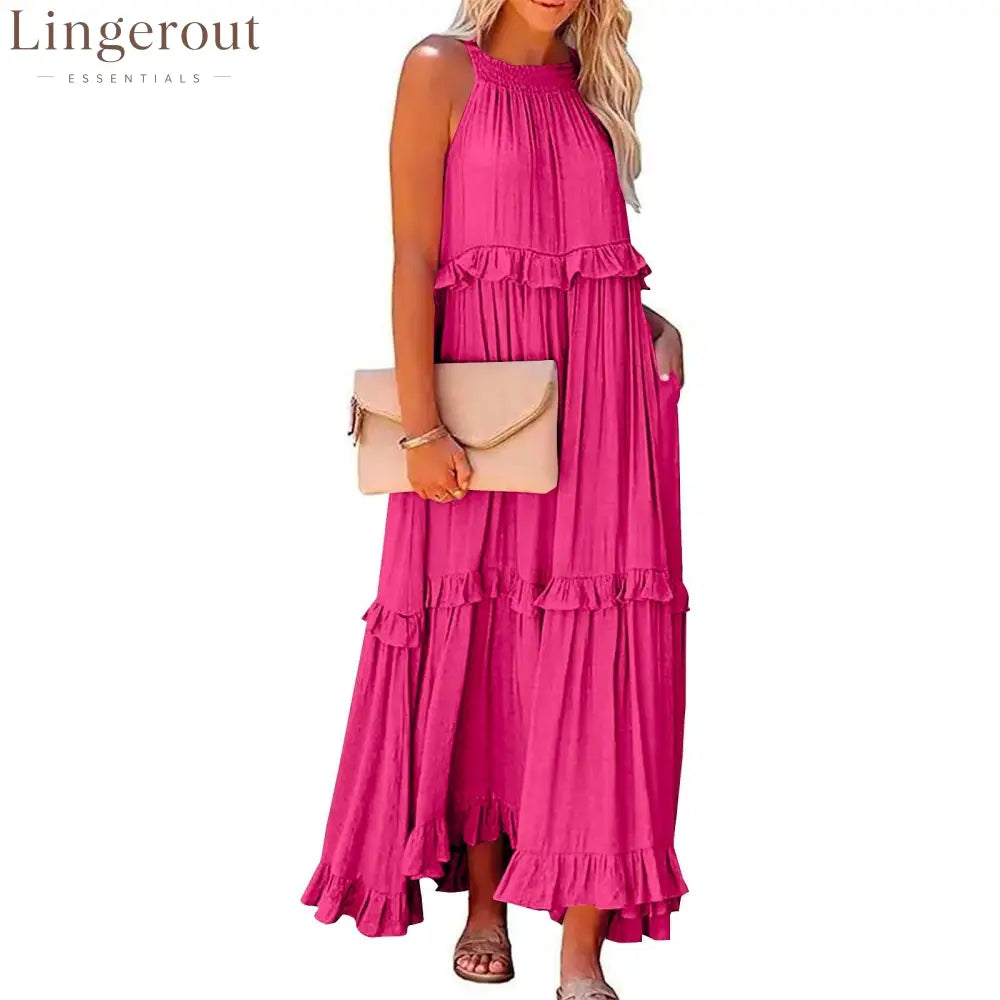 Halter Ruffle Tiered Flowy Maxi Dress - Rose red / S