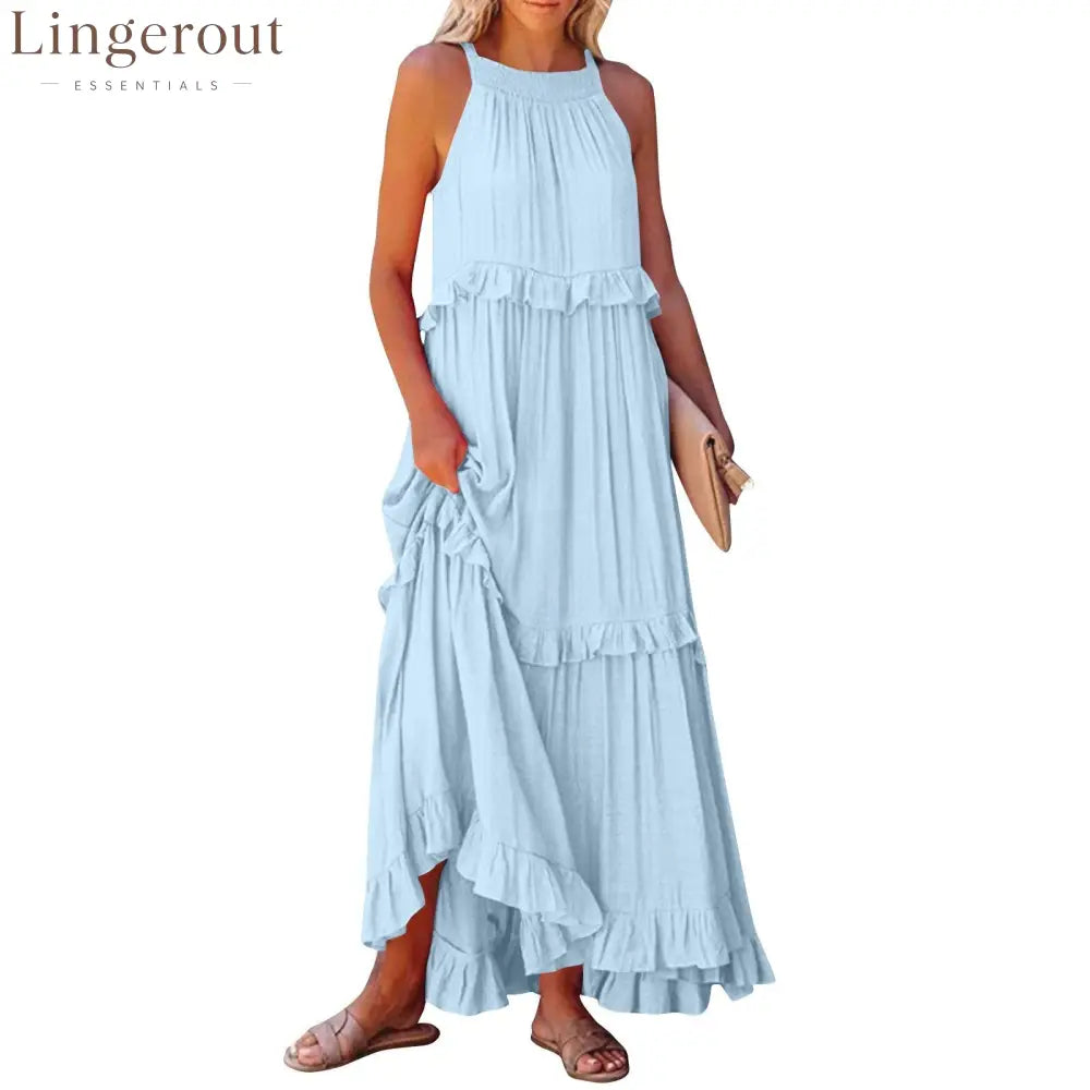 Halter Ruffle Tiered Flowy Maxi Dress - Sky blue / S