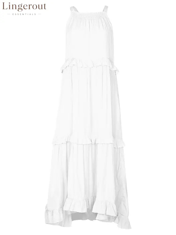 Halter Ruffle Tiered Flowy Maxi Dress - White / S