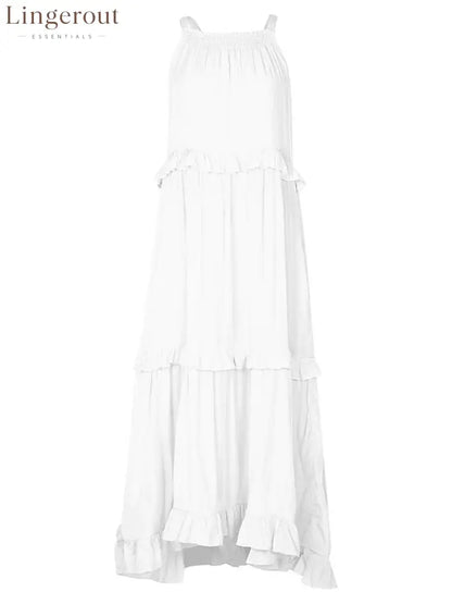 Halter Ruffle Tiered Flowy Maxi Dress - White / S