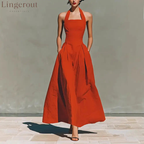 Halter Square Neck Pleated A-Line Midi Dress