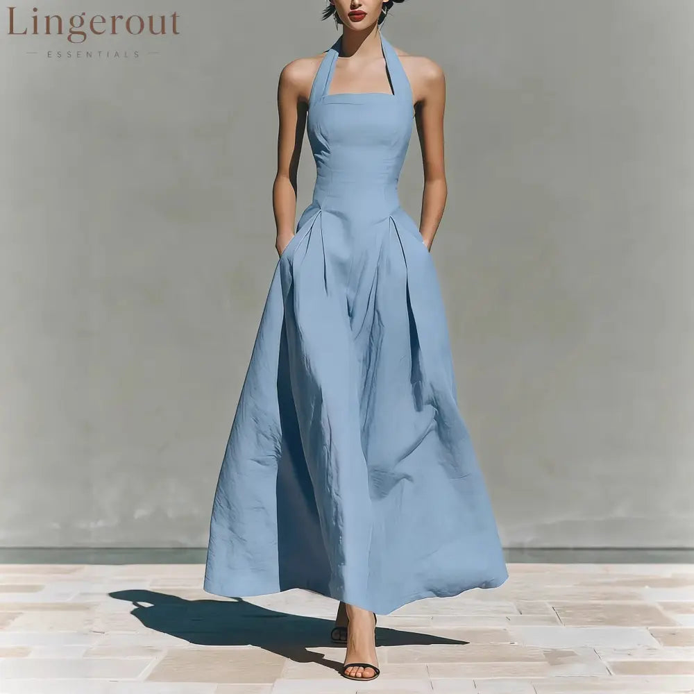 Halter Square Neck Pleated A-Line Midi Dress