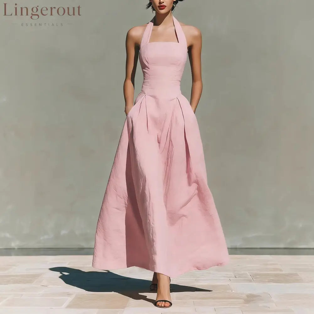 Halter Square Neck Pleated A-Line Midi Dress