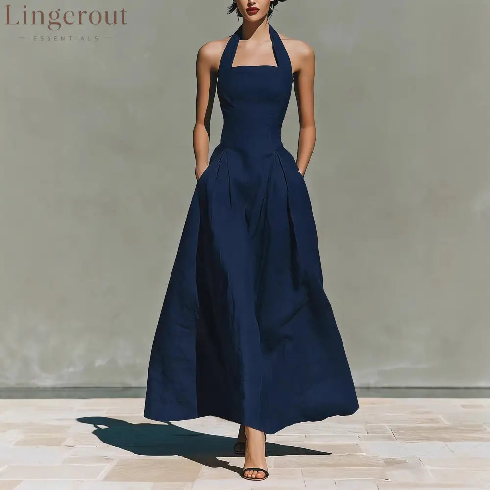 Halter Square Neck Pleated A-Line Midi Dress - Navy blue / S