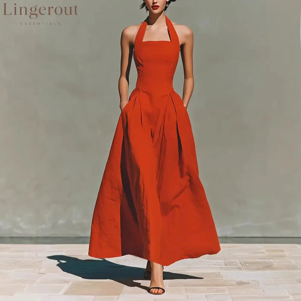 Halter Square Neck Pleated A-Line Midi Dress - Orange / S