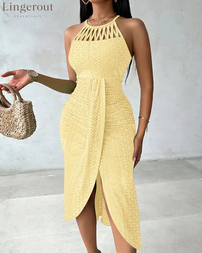 Halter Tie Criss Cross Front Knit Jacquard Textured Slit Dress Casual Hollow-out Draped Vacation Dress