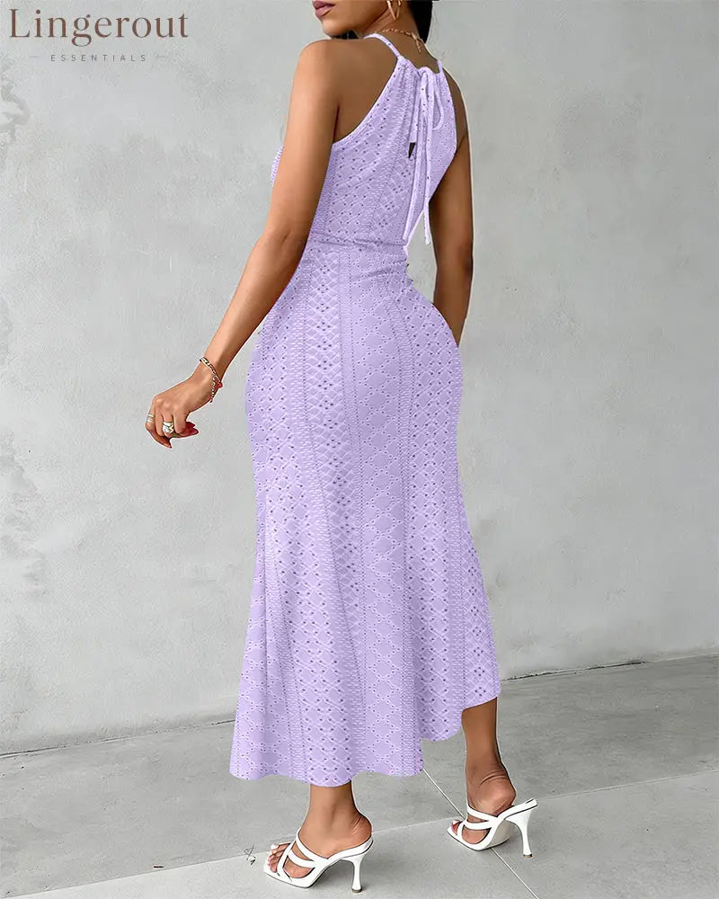 Halter Tie Criss Cross Front Knit Jacquard Textured Slit Dress Casual Hollow-out Draped Vacation Dress