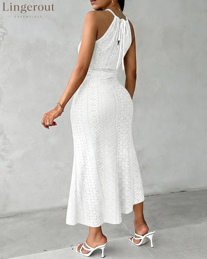 Halter Tie Criss Cross Front Knit Jacquard Textured Slit Dress Casual Hollow-out Draped Vacation Dress