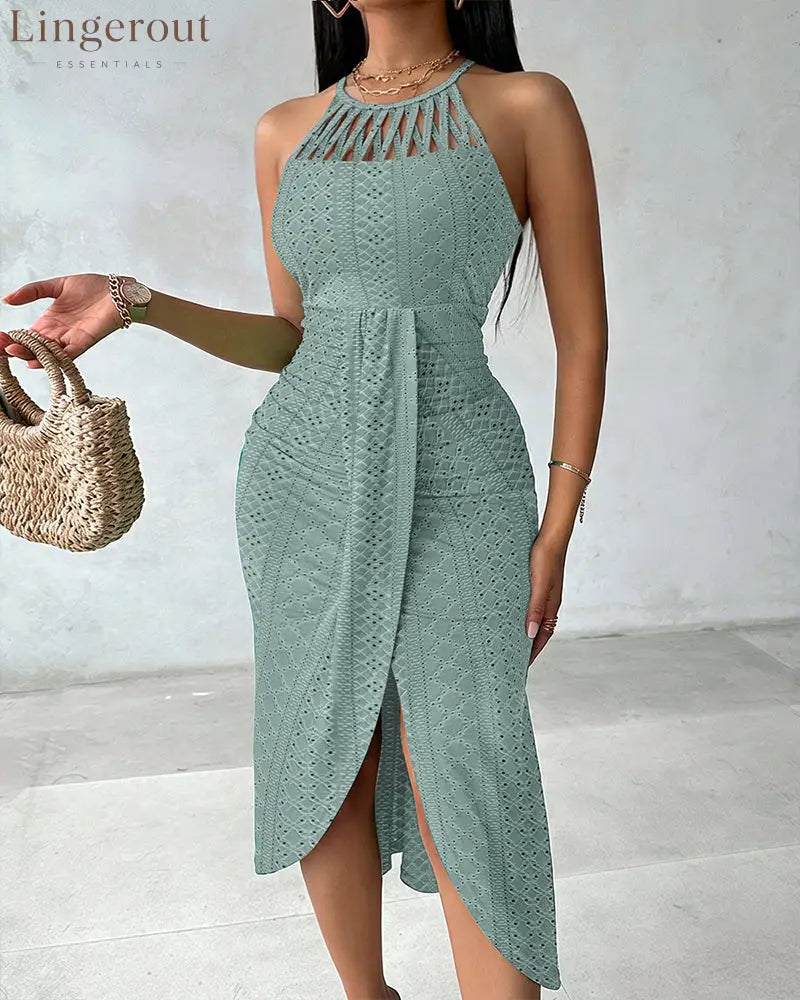 Halter Tie Criss Cross Front Knit Jacquard Textured Slit Dress Casual Hollow-out Draped Vacation Dress